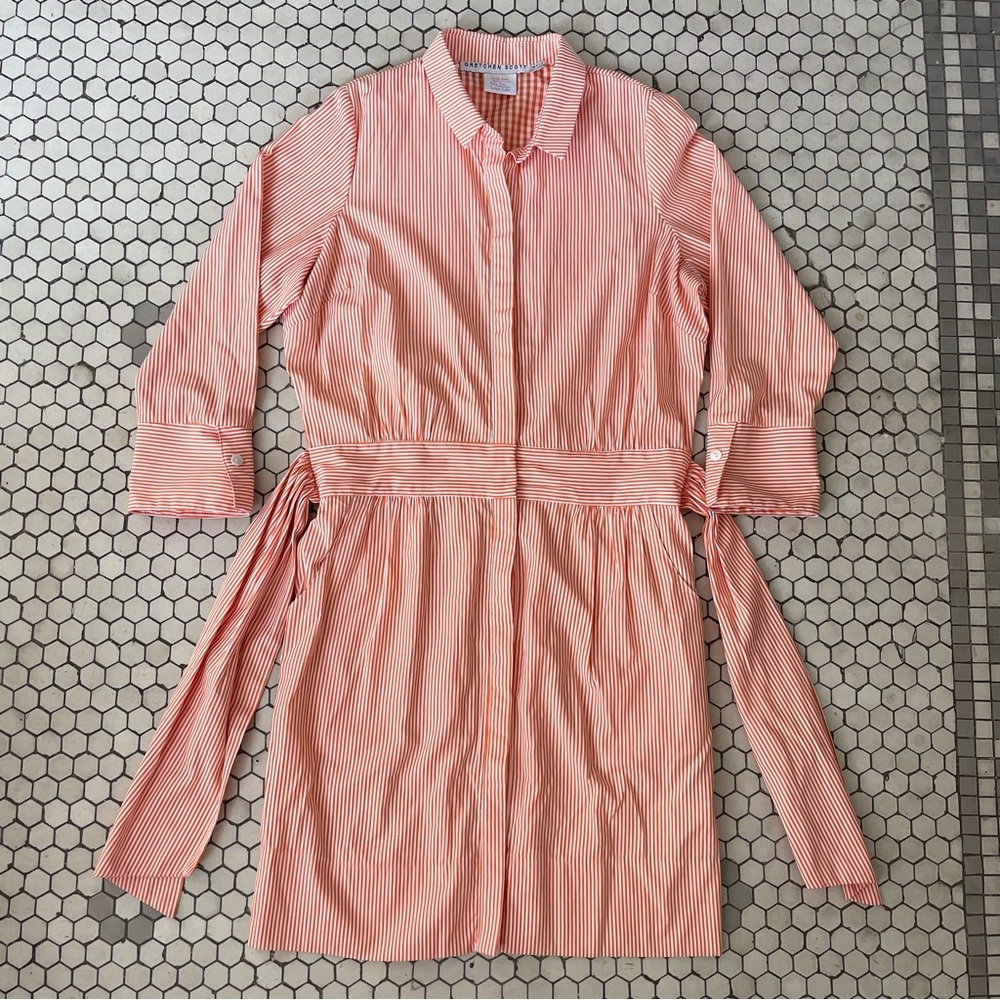 Gretchen Scott Wash & Wear Breezy Blouson Dress Medium Orange Stripes Bow Preppy